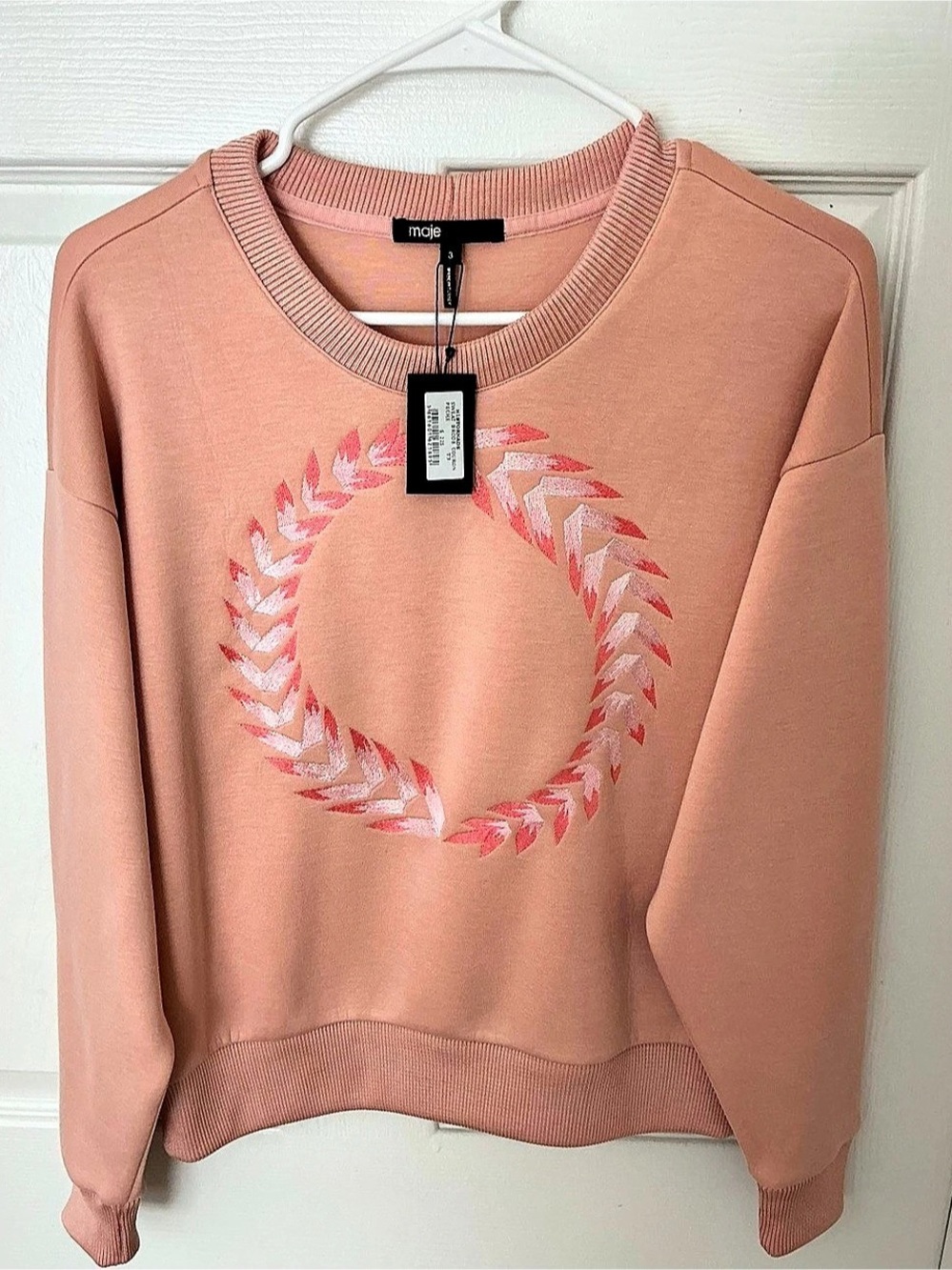 Maje Pink Crewneck Pullover Sweatshirt Size 3 Embroidered Logo Graphic NWT